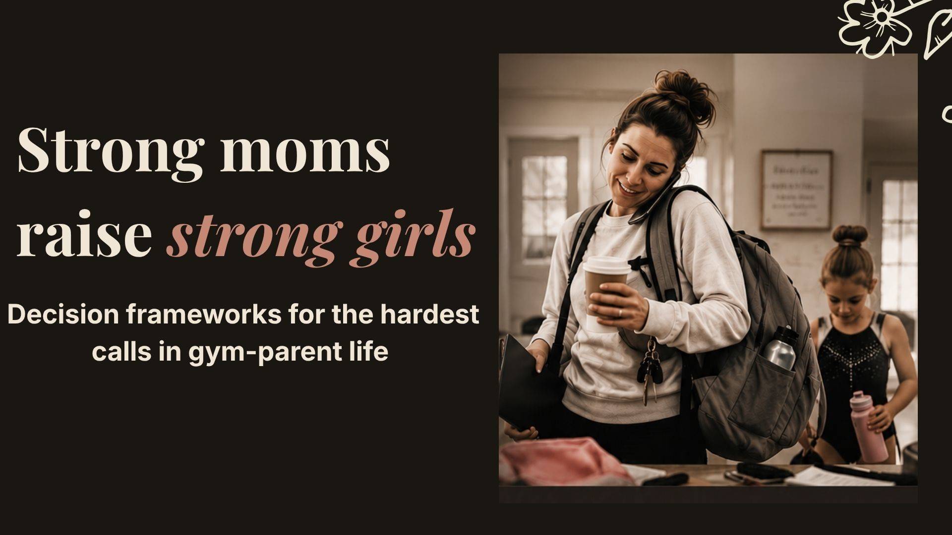 A busy gymnastics mom successfully juggling daily schedules and gear next to her young daughter in a leotard